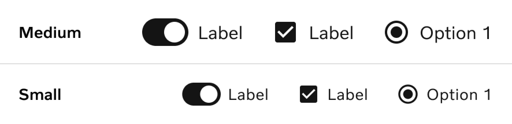 Examples of a switch, checkbox, and radio button in medium and small sizes