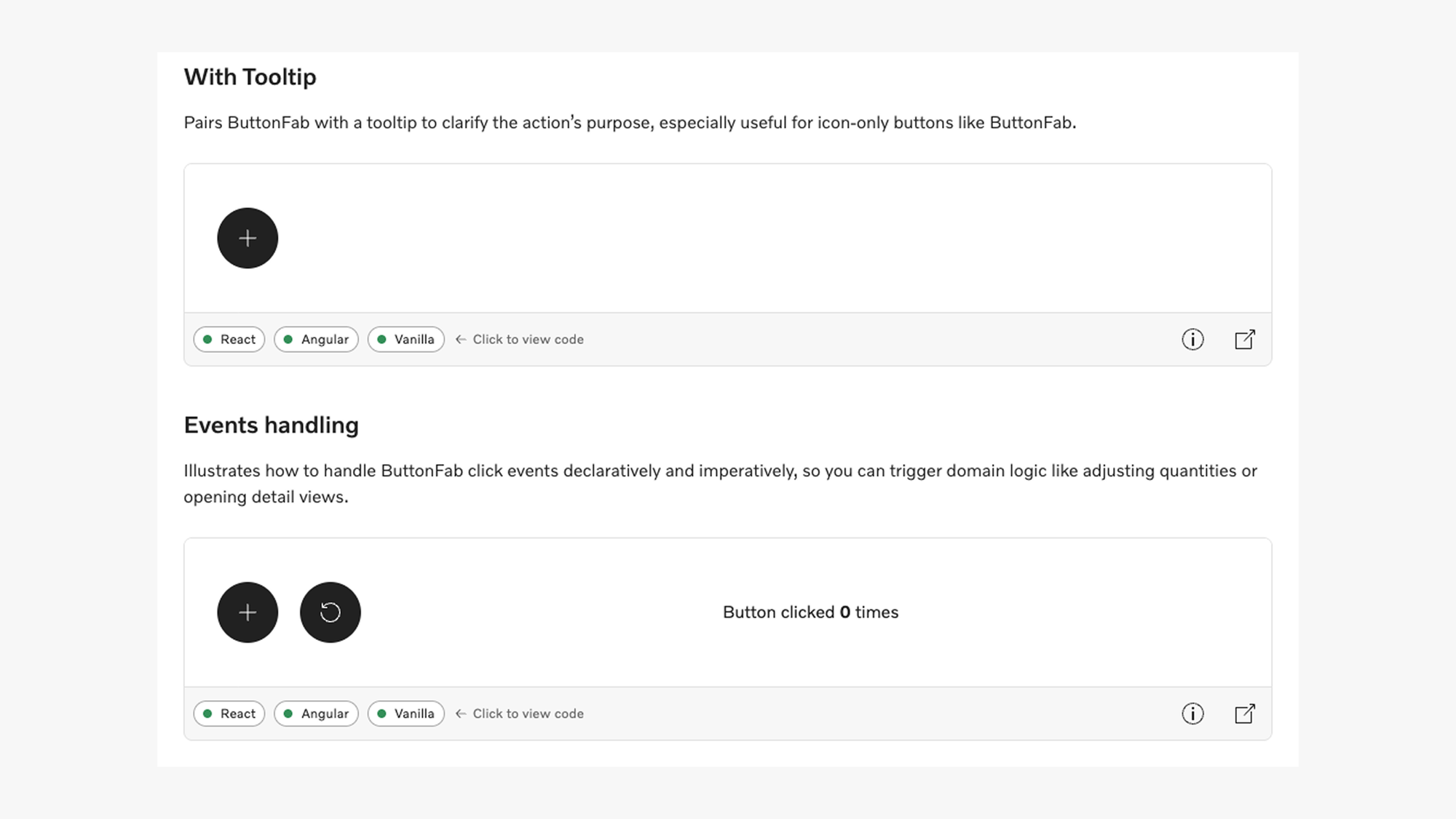 Code examples showcasing the use of button fab components in 2 scenarios (tooltips and events)