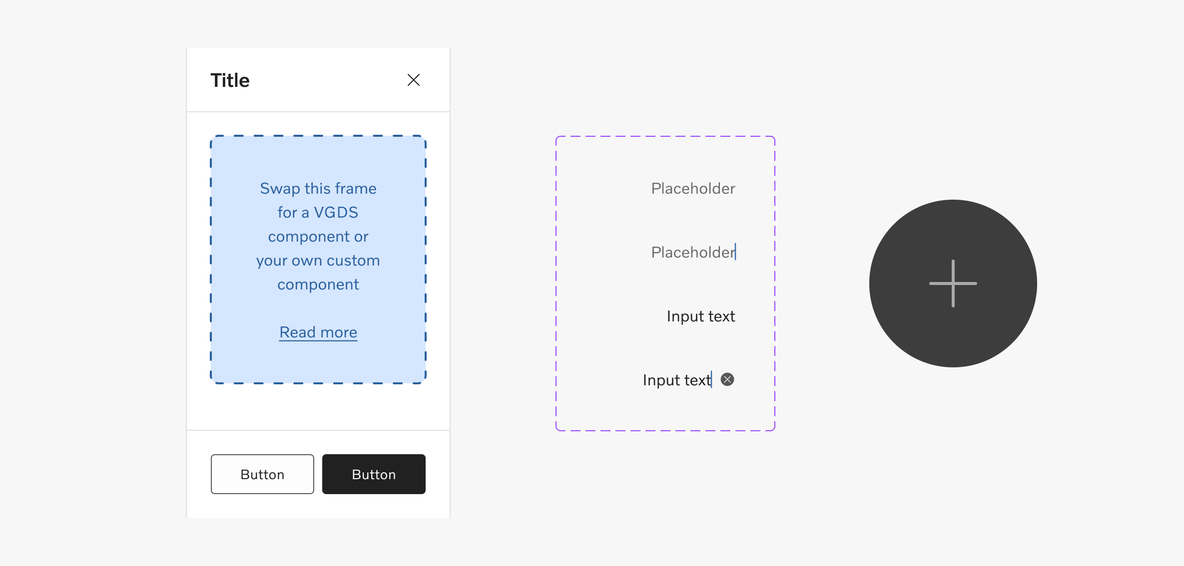 Mockup of a drawer, inline text input, and floating action button components for iOS